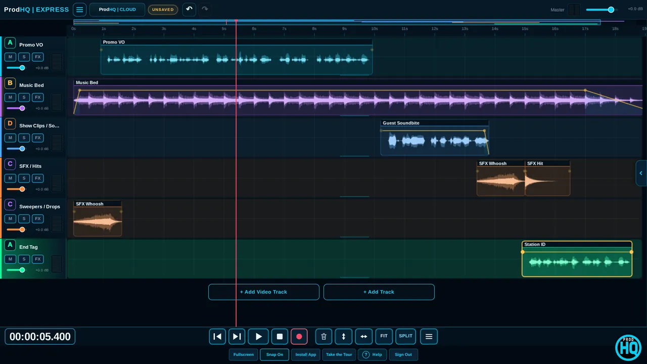 Promo session with voice, music bed, sound effects and station ID lanes