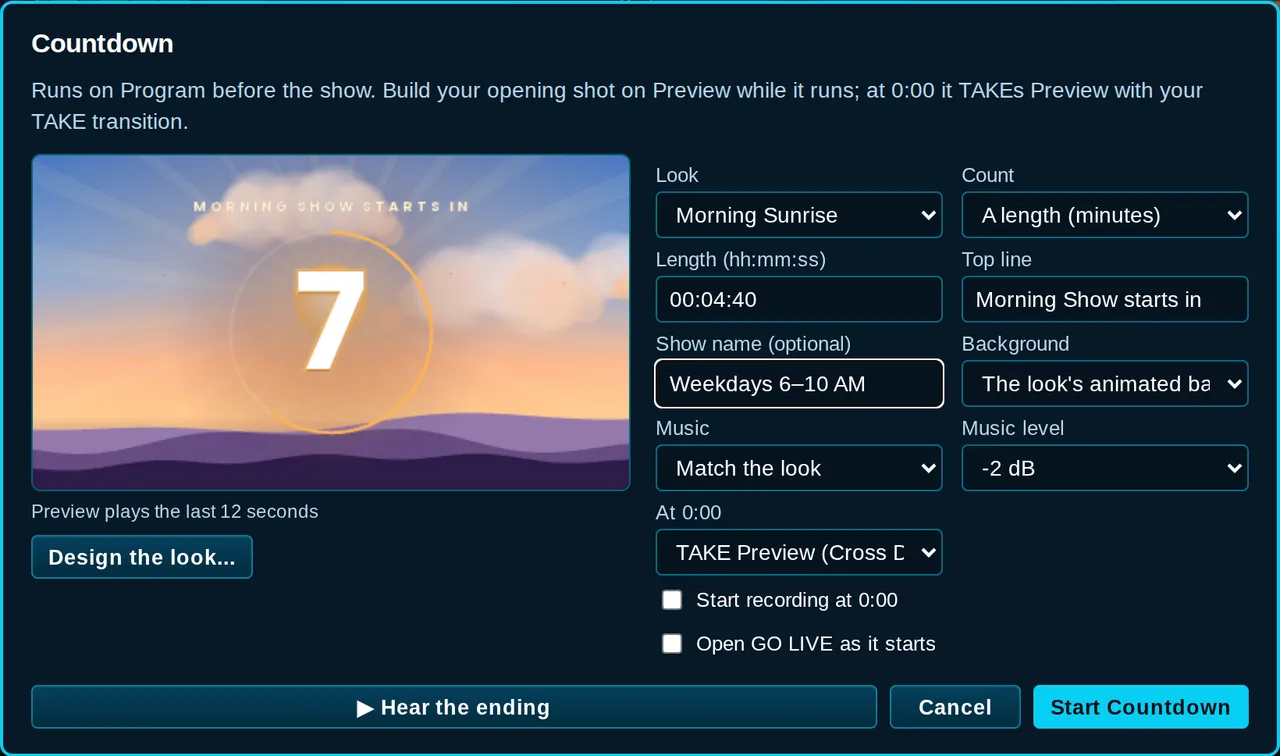 Countdown setup window with look, length and music options