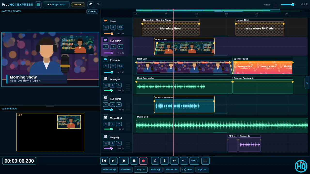 Video timeline with a picture-in-picture guest and a nameplate